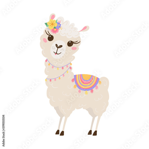 Cute lama with a wreath of flowers in pastel colors isolated on white background . Funny baby animal. Alpaca for your child's room design. Vector illustration
