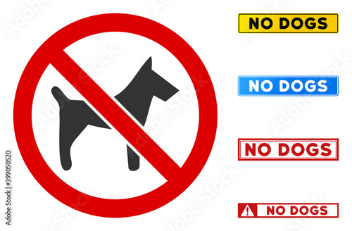 No Dogs sign with phrases in rectangle frames. Illustration style is a flat iconic symbol inside red crossed circle on a white background. Simple No Dogs vector sign, designed for rules, restrictions,