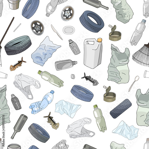 Seamless pattern with different kinds of plastic garbage isolate on white. The concept of ecology and World Cleanup Day.