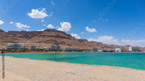 Dead sea view of the beach and hotels