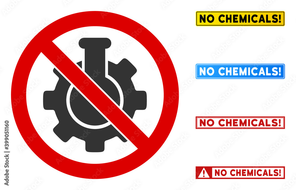 No Chemical Industry sign with messages in rectangle frames. Illustration style is a flat iconic symbol inside red crossed circle on a white background. Simple No Chemical Industry vector sign, No Chemical Industry sign with messages in rectangle frames. Illustration style is a flat iconic symbol inside red crossed circle on a white background. Simple No Chemical Industry vector sign,