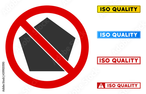 No Pentagon sign with texts in rectangle frames. Illustration style is a flat iconic symbol inside red crossed circle on a white background. Simple No Pentagon vector sign, designed for rules,