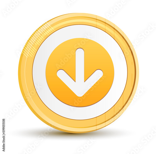 Down arrow icon gold round button golden coin shiny frame luxury concept abstract illustration isolated on white background