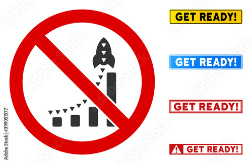 No Rocket Growth sign with words in rectangle frames. Illustration style is a flat iconic symbol inside red crossed circle on a white background. Simple No Rocket Growth vector sign,