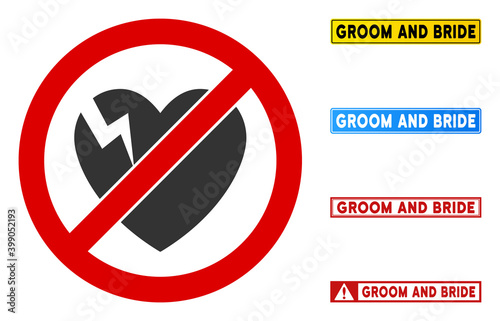 No Heart Damage sign with titles in rectangular frames. Illustration style is a flat iconic symbol inside red crossed circle on a white background. Simple No Heart Damage vector sign,