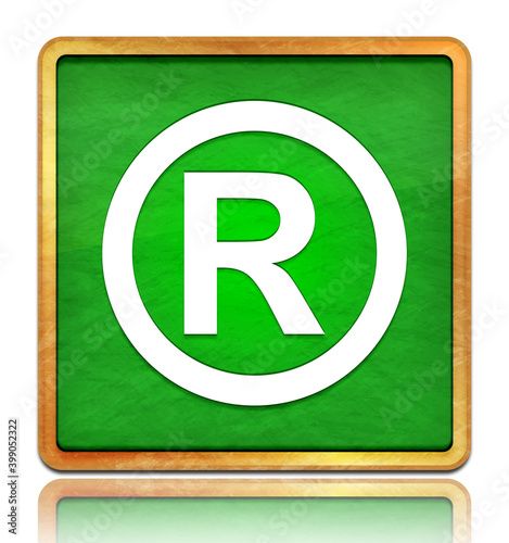 Registered symbol icon chalk board green square button slate texture wooden frame concept isolated on white background with shadow reflection