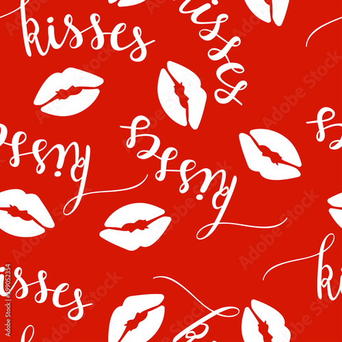 St.Valentines Day seamless pattern with lips and kisses word lettering on red background. Vector for cards, banners, wrapping paper, posters, scrapbooking, pillow, cups and fabric design. 