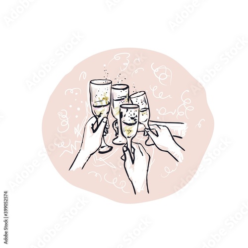 Friends clink glasses with champagne.Christmas party. Friends persons celebrating holiday event together at the party.