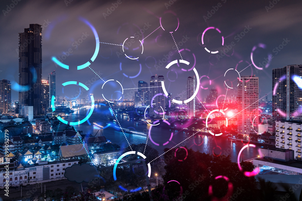 Abstract technology icons, night aerial panoramic cityscape of Bangkok, Asia. The concept of innovative approach to optimize international business process. Double exposure. - obrazy, fototapety, plakaty 