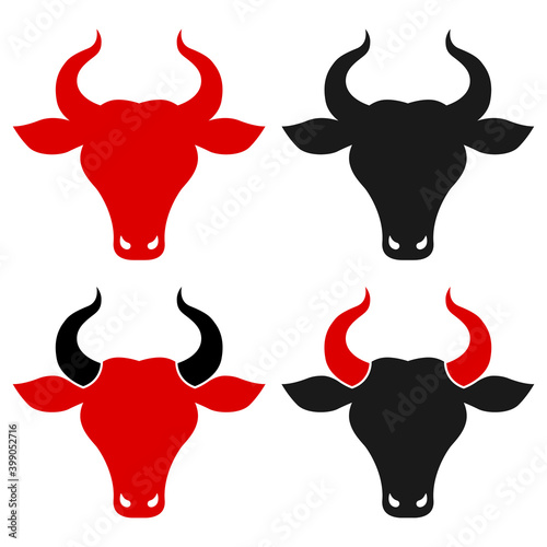 Vector silhouette of a bull, logo with a bull's head. Head of a horned animal, sign of a calf. Vector bull head, calm pose. Bull 2021, symbol of the new year.