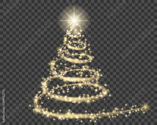 Christmas tree, Golden particle wave in form of christmas tree with bright shining and glowind particles isolated on transparent background. Glitter bright trail, glowing wave vector illustration