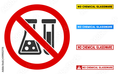 No Chemical Glassware sign with messages in rectangle frames. Illustration style is a flat iconic symbol inside red crossed circle on a white background. Simple No Chemical Glassware vector sign,