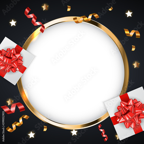 Abstract Golden Glossy Frame background with gifts and tinsel. Vector Illustration eps10. Square Template for social networks and messengers on white background.