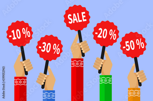 Concept of discount. A lot of hands holding placards with sales. Colorful Vector Illustration in flat style