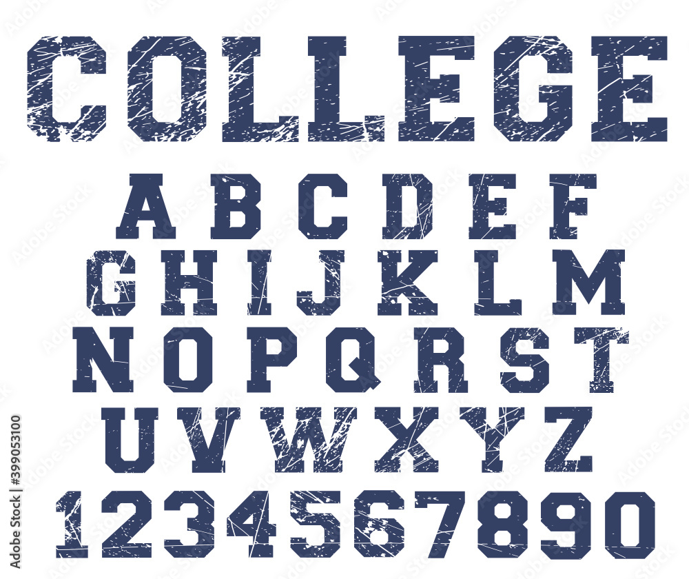 College distressed font vector. Sport font, varsity alphabet, distressed letters and numbers. Sport design for t shirt.