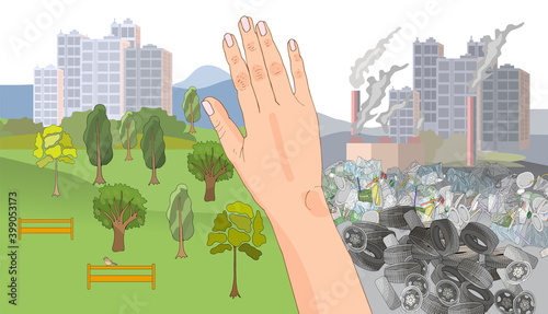 Environmental disaster of plastic debris in the city. The problem of cleaning and separation of garbage.
