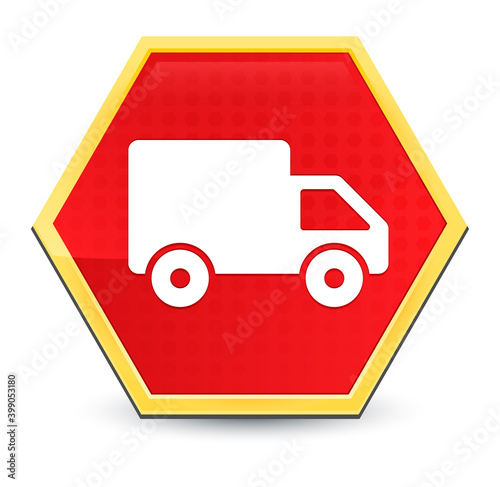 Delivery truck icon abstract red hexagon button bright yellow frame elegant design