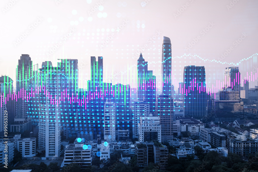 Market behavior graph hologram, sunset panoramic city view of Bangkok, popular location to achieve financial degree in Asia. The concept of financial data analysis. Double exposure.