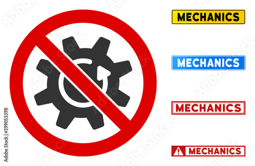 No Rotate Gear sign with texts in rectangle frames. Illustration style is a flat iconic symbol inside red crossed circle on a white background. Simple No Rotate Gear vector sign, designed for rules,