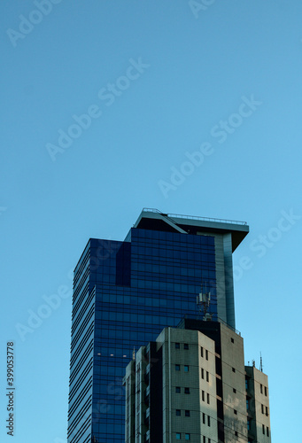 building blue sky business construction helicopter helipad above building blue clear sky