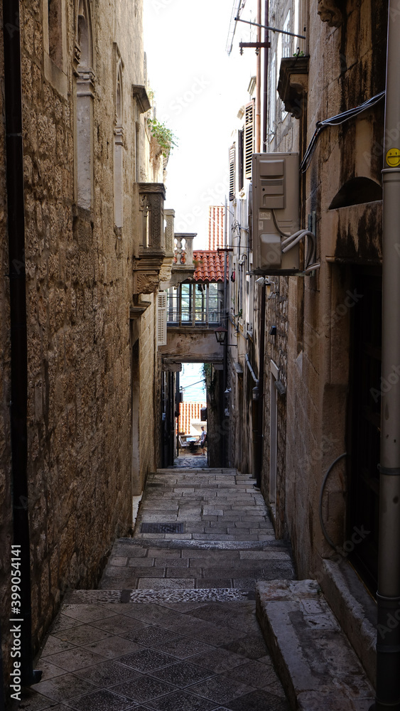 Narrow cobblestone streets in Old Town, Korcula, Croatia