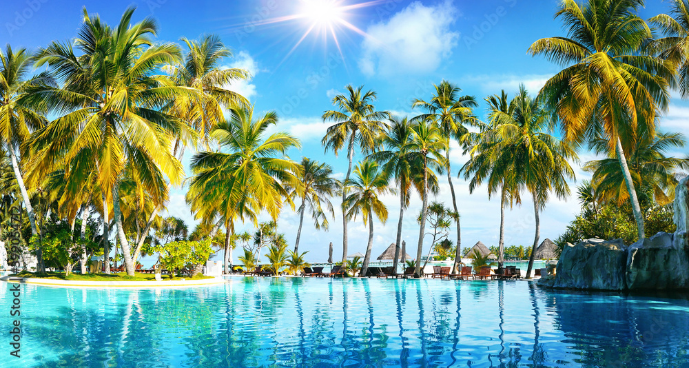 Beautiful lush tropical palm trees against blue sky with white clouds are reflected in turquoise water on sunny day. Colorful image for summer vacation. - obrazy, fototapety, plakaty 
