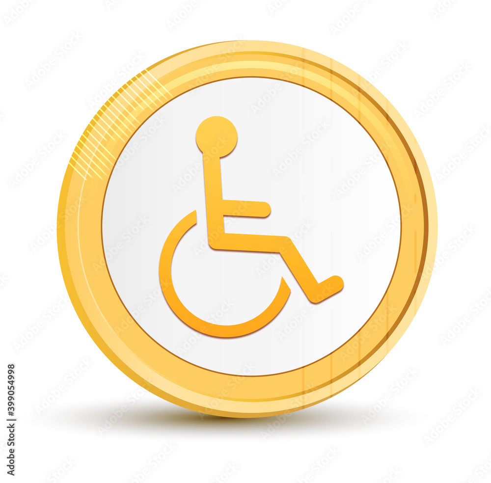 Wheelchair handicap icon gold round button golden coin shiny frame luxury concept abstract illustration isolated on white background Wheelchair handicap icon gold round button golden coin shiny frame luxury concept abstract illustration isolated on white background