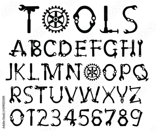 Tool alphabet vector. Hand Tool letters numbers. Mr Fix alphabet. Mr Fix it font. 