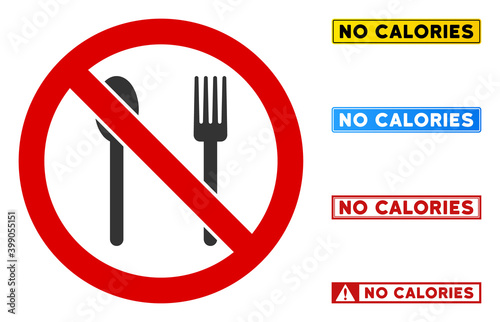 No Food Utensils sign with texts in rectangular frames. Illustration style is a flat iconic symbol inside red crossed circle on a white background. Simple No Food Utensils vector sign 