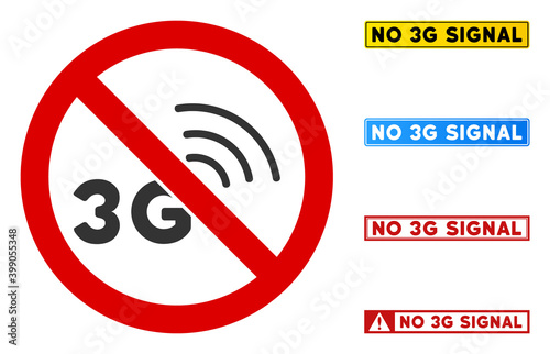 No 3G Signal sign with titles in rectangle frames. Illustration style is a flat iconic symbol inside red crossed circle on a white background. Simple No 3G Signal vector sign, designed for rules,