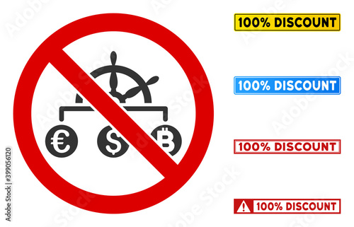 No Currency Management sign with titles in rectangle frames. Illustration style is a flat iconic symbol inside red crossed circle on a white background. Simple No Currency Management vector sign,
