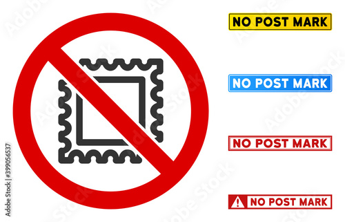 No Post Mark sign with titles in rectangle frames. Illustration style is a flat iconic symbol inside red crossed circle on a white background. Simple No Post Mark vector sign, designed for rules,