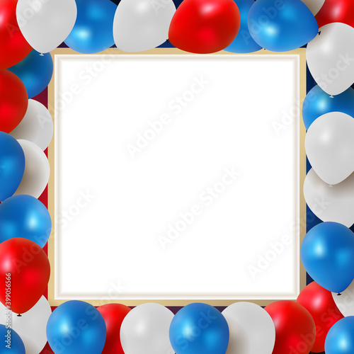 Abstract greeting card for the holiday Background with balloons red, blue, white. Vector Illustration EPS10. Square Template for social networks and messengers on white background