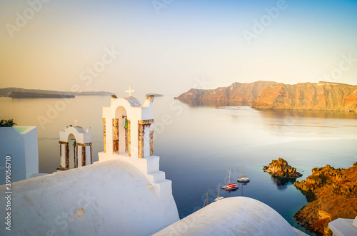 white belfries Santorini island, Greece