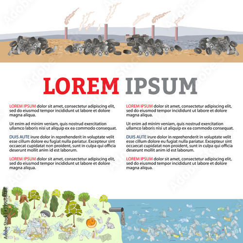Environment pollution composition. Factory with smoke coming out of chimneys. Industrial waste water contamination.