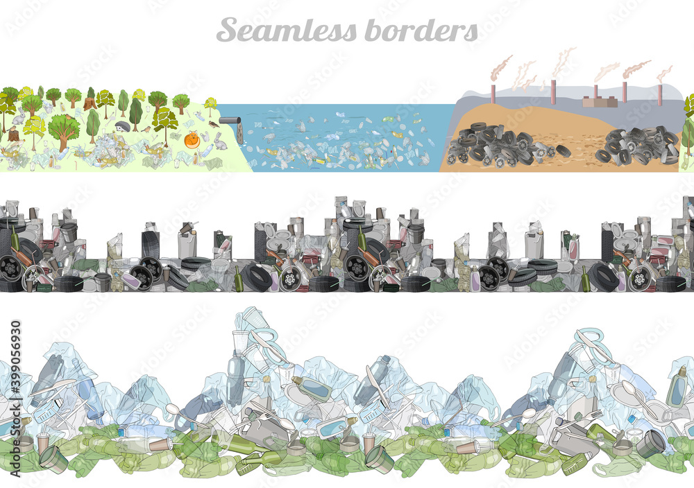 Vector set of seamless borders with plastic garbage and straws on the ...