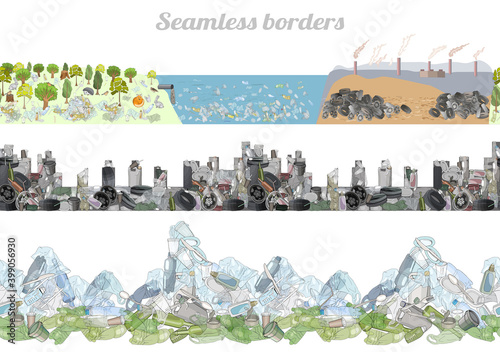 Vector set of seamless borders with plastic garbage and straws on the ocean and mountains.