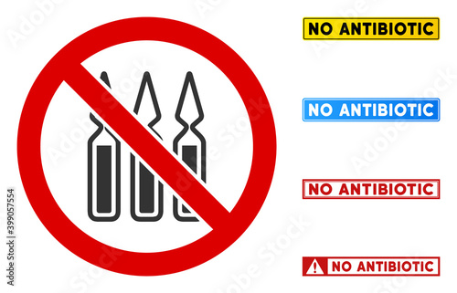 No Ampoules sign with words in rectangular frames. Illustration style is a flat iconic symbol inside red crossed circle on a white background. Simple No Ampoules vector sign, designed for rules,
