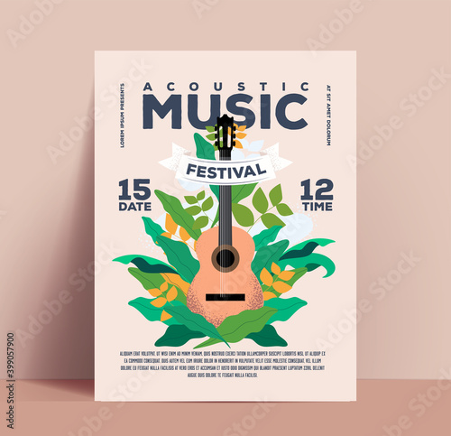 Acoustic music festival or concert or party poster or flyer or invitation design template with classic acoustic guitar on floral background with typographic composition. Vintage styled flat vector