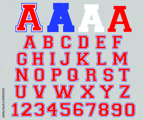 Varsity font vector 3 layers. Sport font college alphabet letters and numbers. Sport design for t shirt.