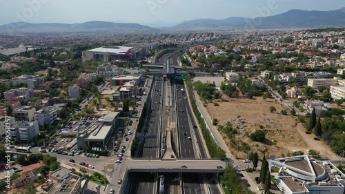 Aerial drone video of Attiki odos popular multi level highway passing through Marousi area, Athens, Attica, Greece photo