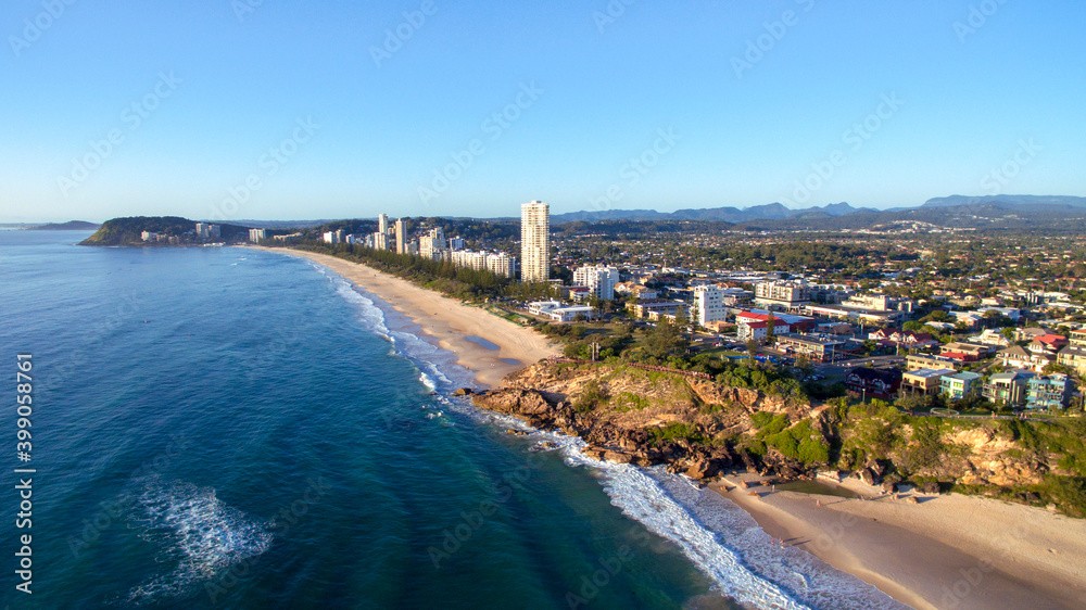 Aerial view over Miami and Burleigh beach, Gold Coast.
