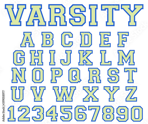 Varsity vintage font vector light blue beige color 2 layers. College font sport alphabet letters and numbers. Sport design for t shirt.