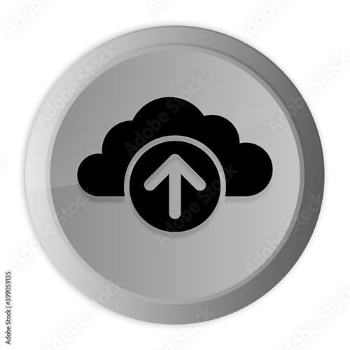 Cloud upload icon metal silver round button metallic design circle isolated on white background black and white concept illustration