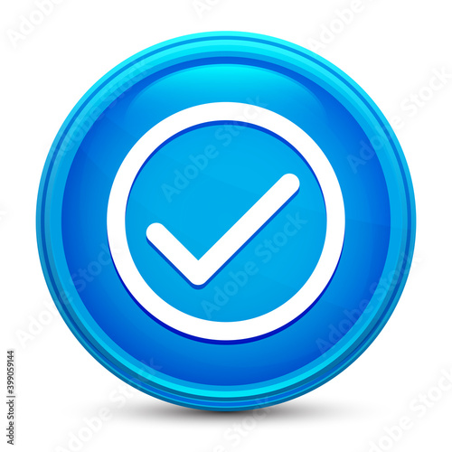 Check box icon glass shiny blue round button isolated design vector illustration