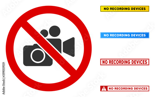 No Photo Video Recording sign with badges in rectangle frames. Illustration style is a flat iconic symbol inside red crossed circle on a white background. Simple No Photo Video Recording vector sign,