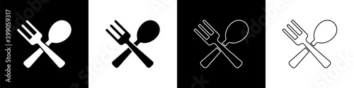Set Crossed fork and spoon icon isolated on black and white background. Cooking utensil. Cutlery sign. Vector.