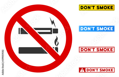 No Smoking No Vaping sign with titles in rectangular frames. Illustration style is a flat iconic symbol inside red crossed circle on a white background. Simple No Smoking No Vaping vector sign,