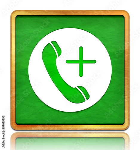 Emergency call icon chalk board green square button slate texture wooden frame concept isolated on white background with shadow reflection