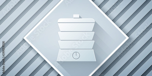 Paper cut Slow cooker icon isolated on grey background. Electric pan. Paper art style. Vector.
